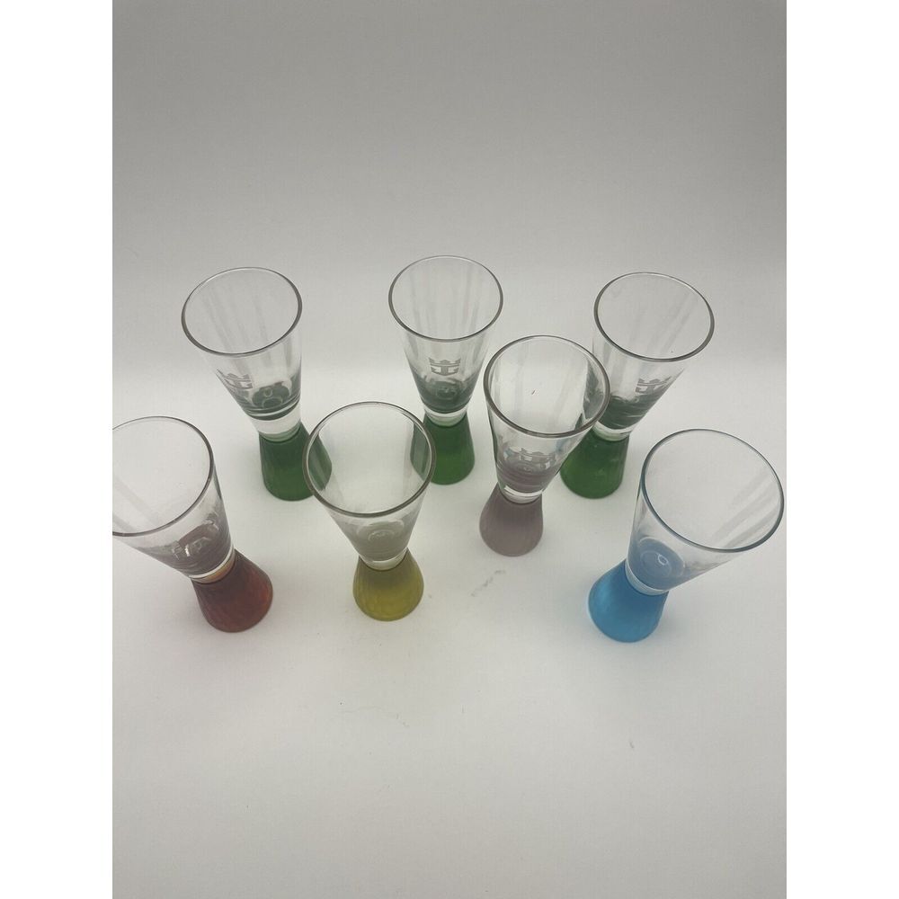 Royal Caribbean Vintage Shot Glasses Set (7) Assorted Frosted Base Colors 2 Oz - Picture 2 of 6